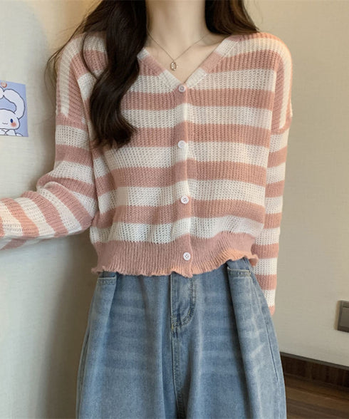 ワイドボーダー編みニットカーディガン